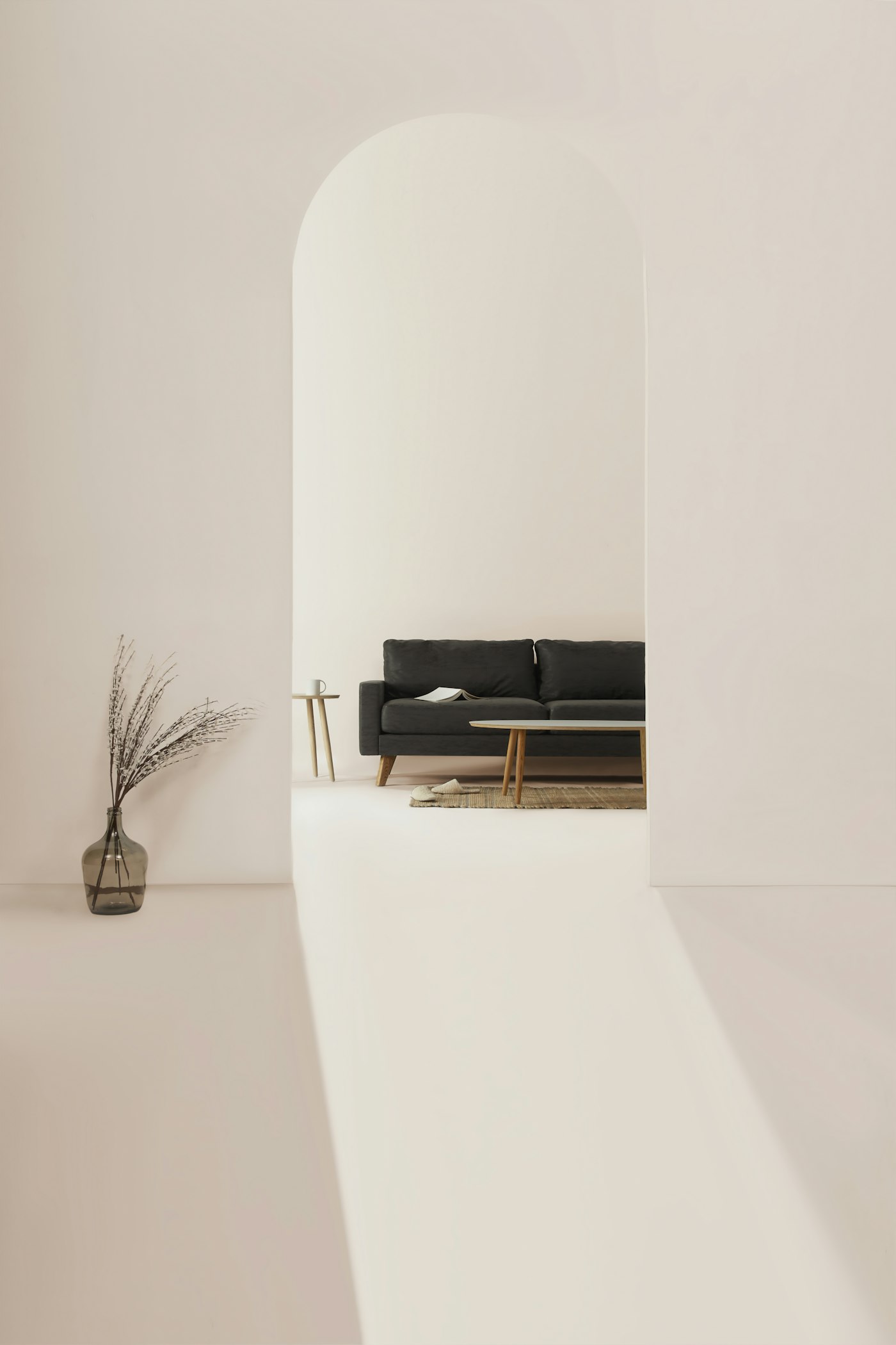 Minimal sofa product photograph in a furnished room